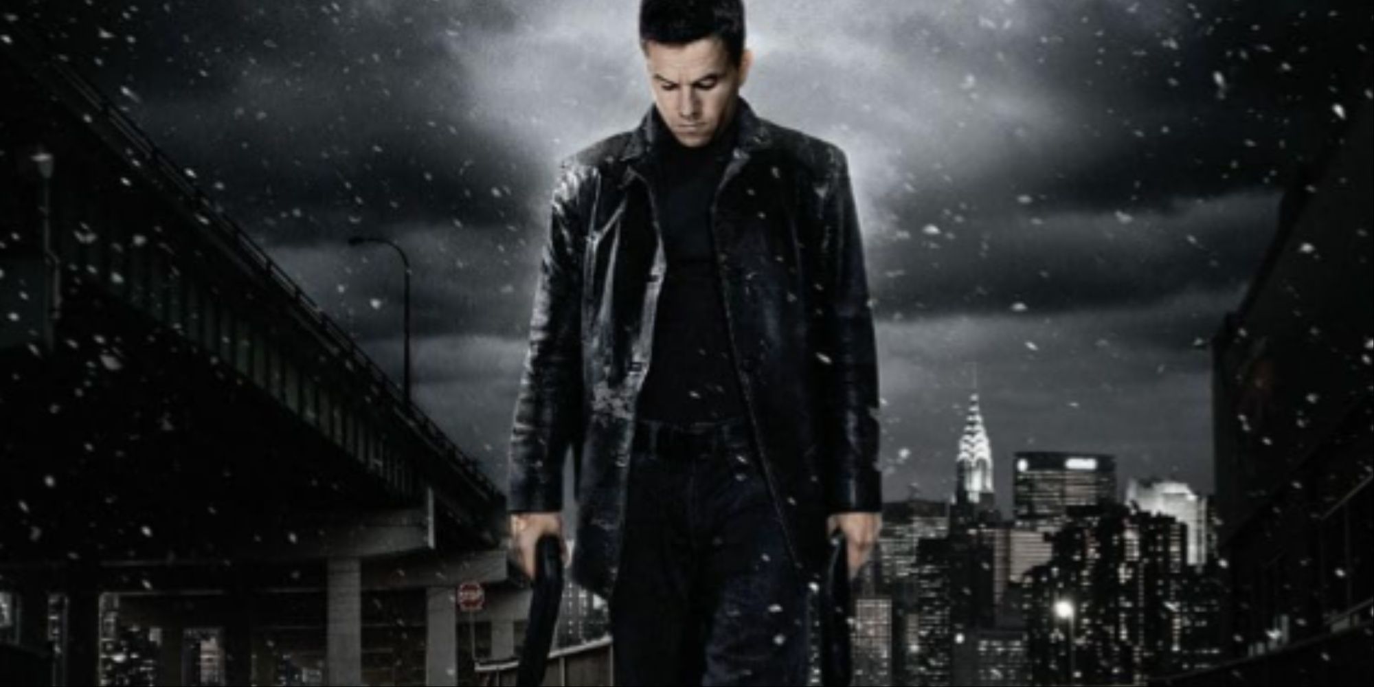 The cover art for the 2008 Max Payne movie with Mark Wahlberg holding two shotguns amid a dark dreary Sin City-like background.