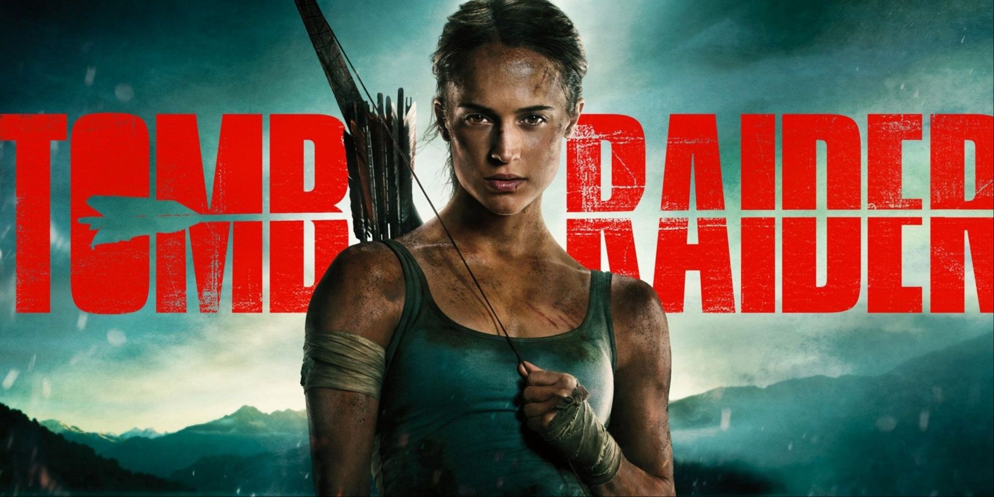 Alicia Vikander's Lara Croft with a bow and arrows and the film's title across the screen in red.