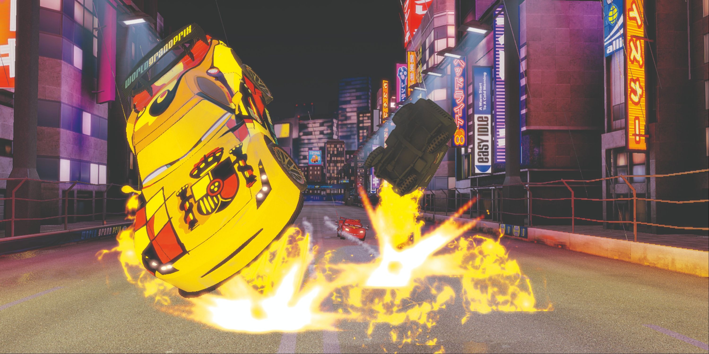 Lightning McQueen blasts two rivals off the road in Cars 2