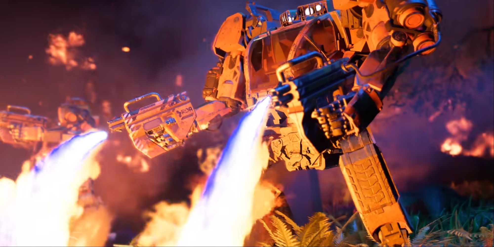 An AMP Unit setting fire to forest land with its dual flame throwers in the gameplay trailer for Avatar: Frontiers of Pandora.