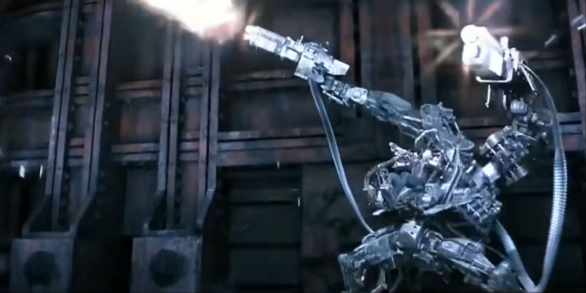 An APU pilot firing the mech unit's machine guns at a swarm of machines descending from the sky.