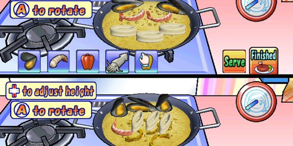 Splitscreen of two people playing Cooking Mama: Cook Off