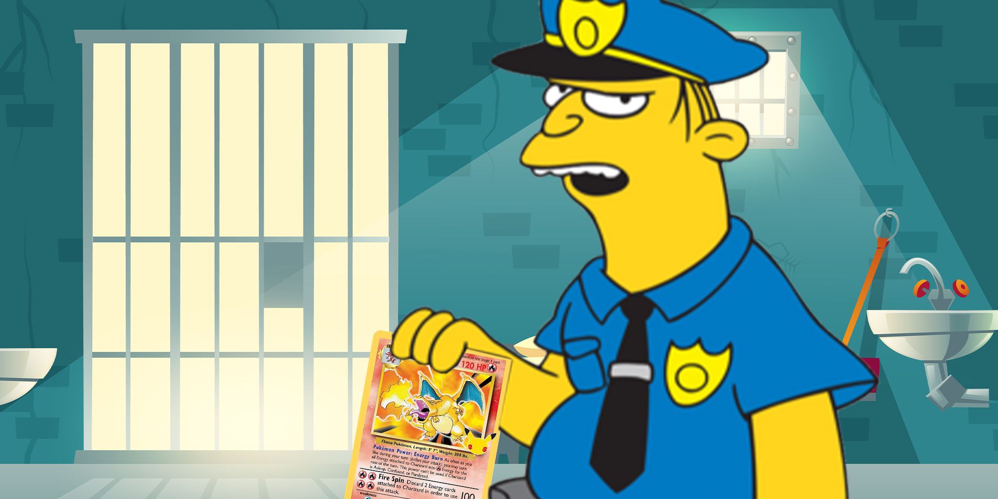 The Simpsons' Eddie in a jail cell holding a Charizard Pokemon trading card