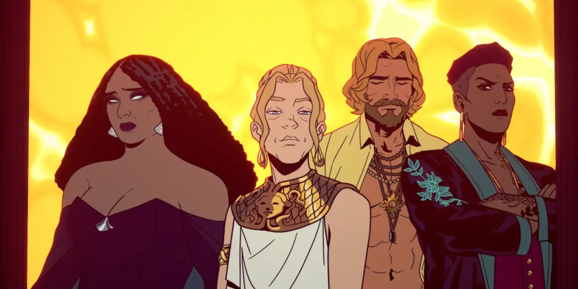 Shot of The Chorus from Stray Gods: The Roleplaying Musical including Aphrodite, Athena, Apollo, and Persphone