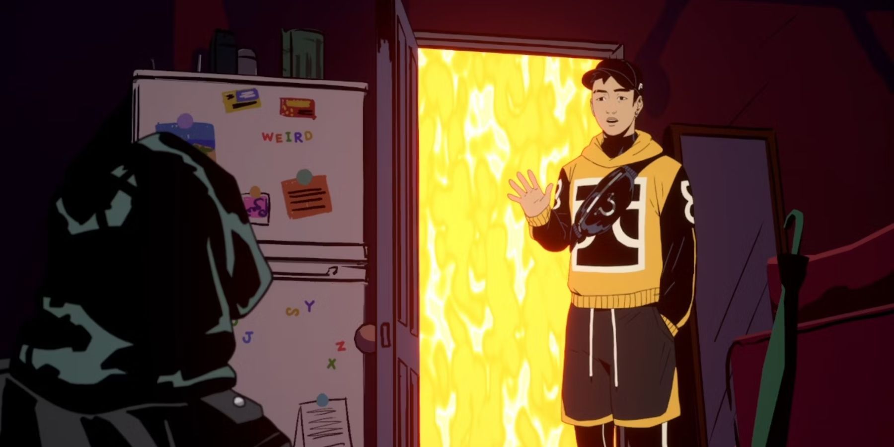 Artwork from Stray Gods depicting Hermes standing at a door