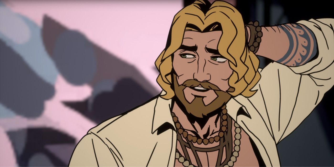 Close up of Apollo from Stray Gods with blonde hair and open white shirt with different kinds of beads around his kneck