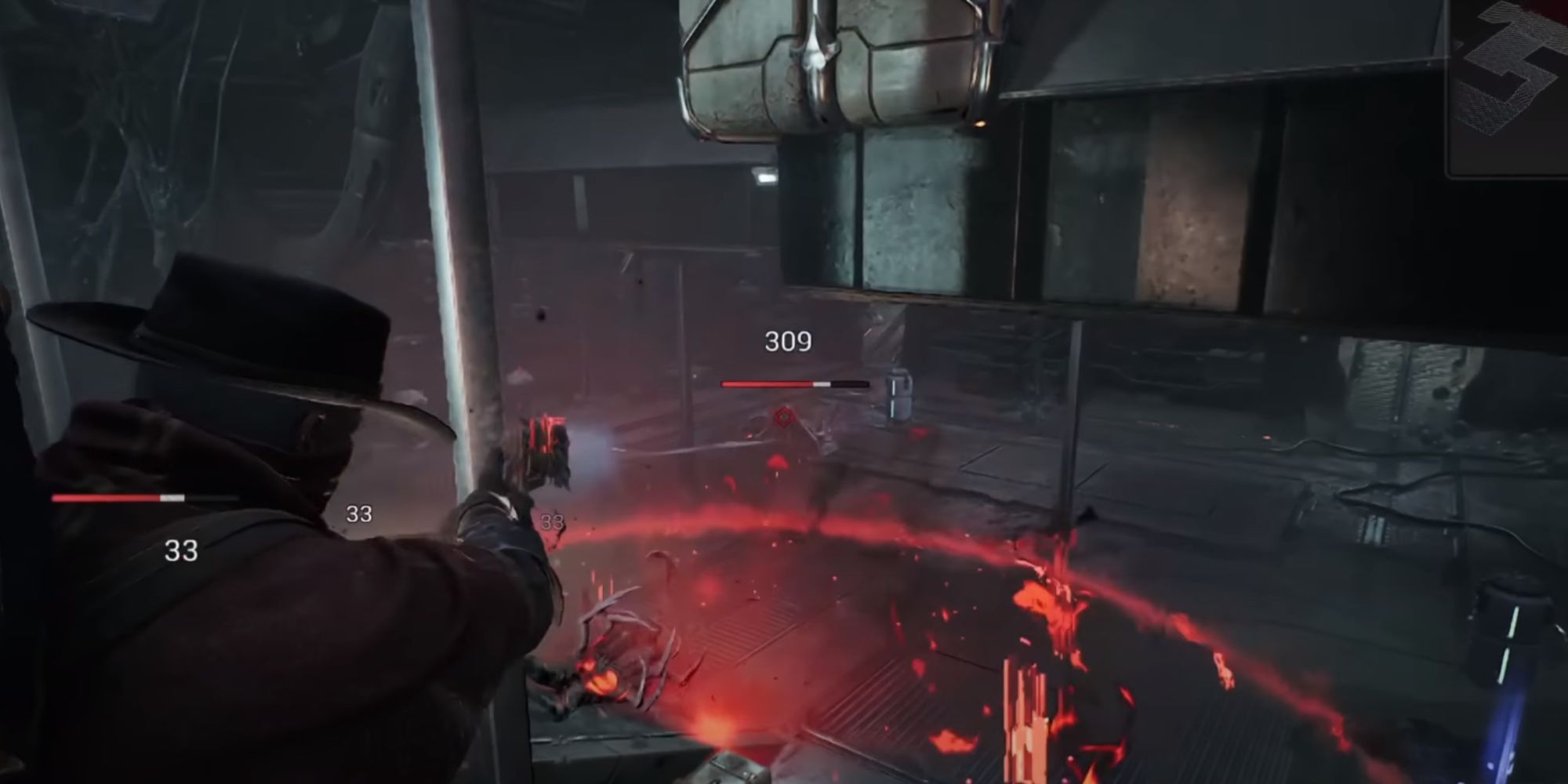A circle of red and orange, glitchy energy surrounds an area; the degrag mod has been activated.