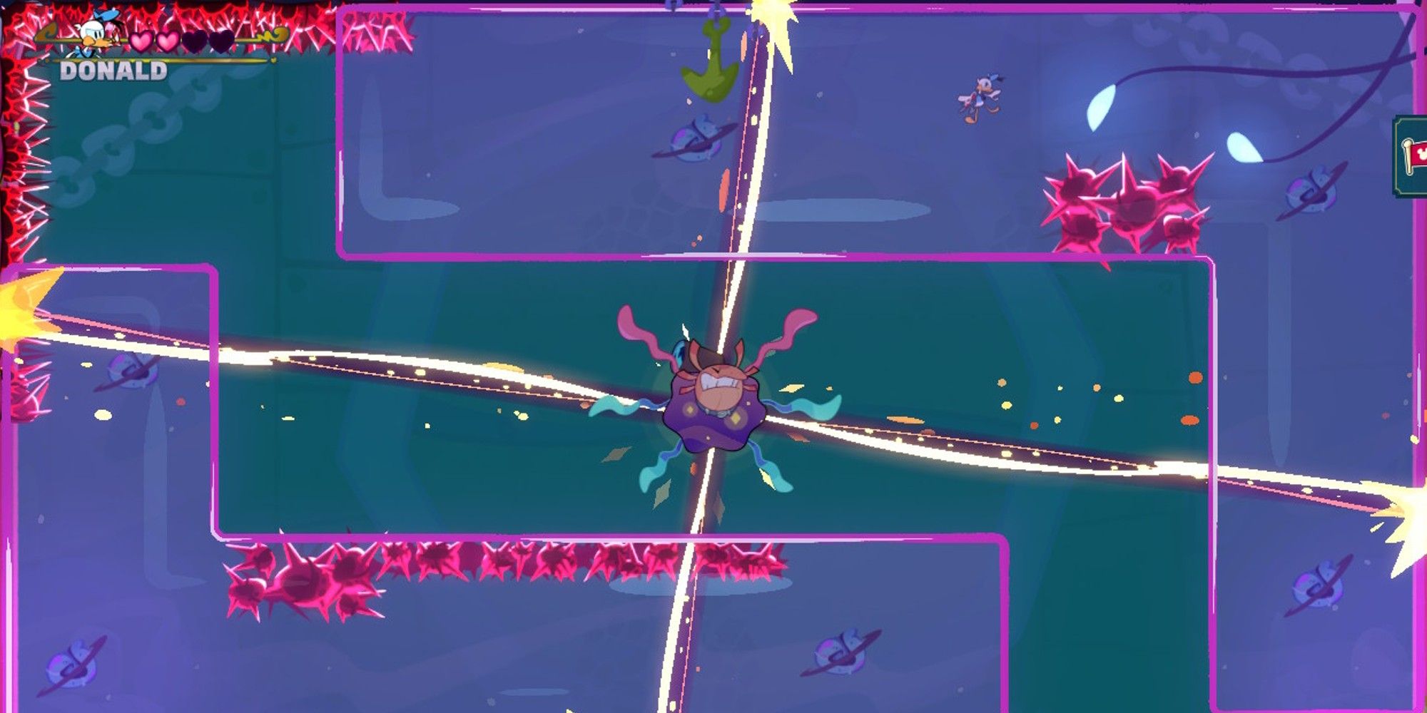 Old Timer fighting with lasers as Donald swims in purple water. 