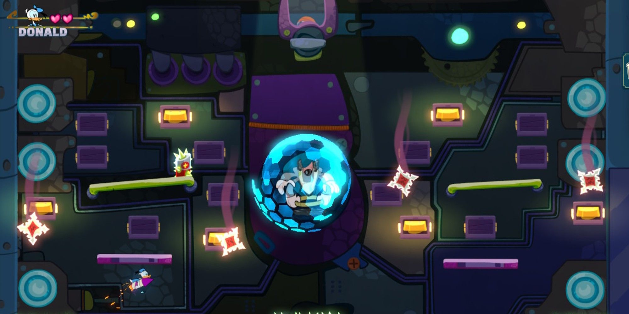 Donald fighting Thief #1 in an arena with platforms, yellow switch, spikes and ninja stars.