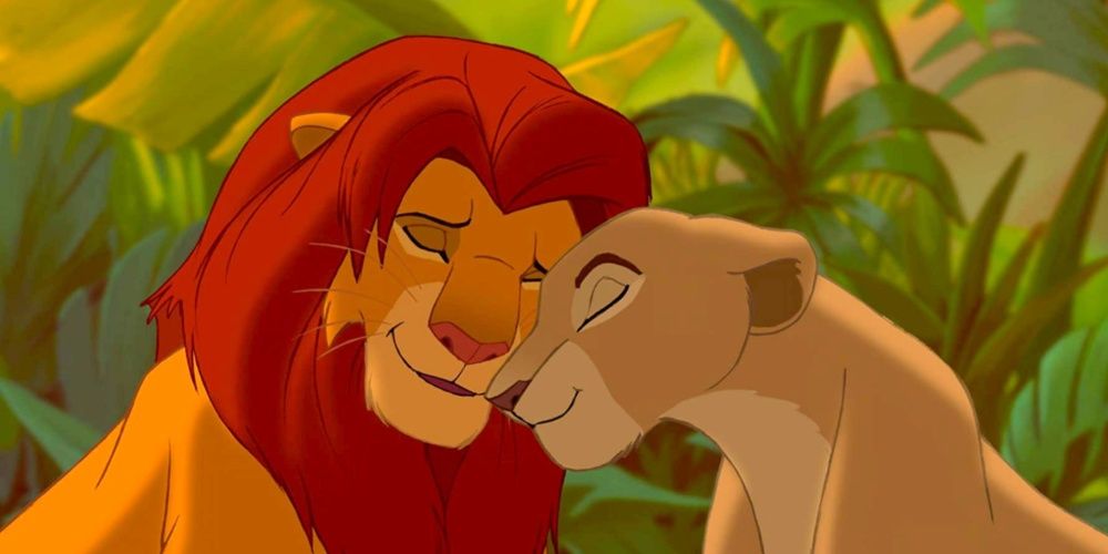 Adult Simba and Nala together in Disney's Lion King.