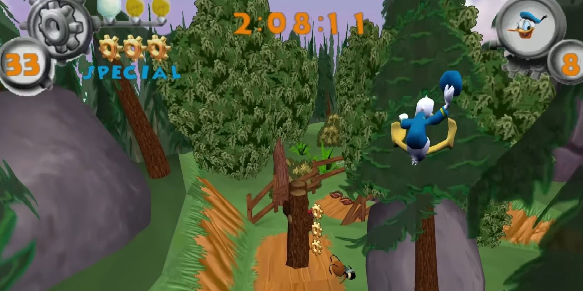 Image from Donald Duck: Goin' Quackers. Donald leaps through a colorful obstacle course.