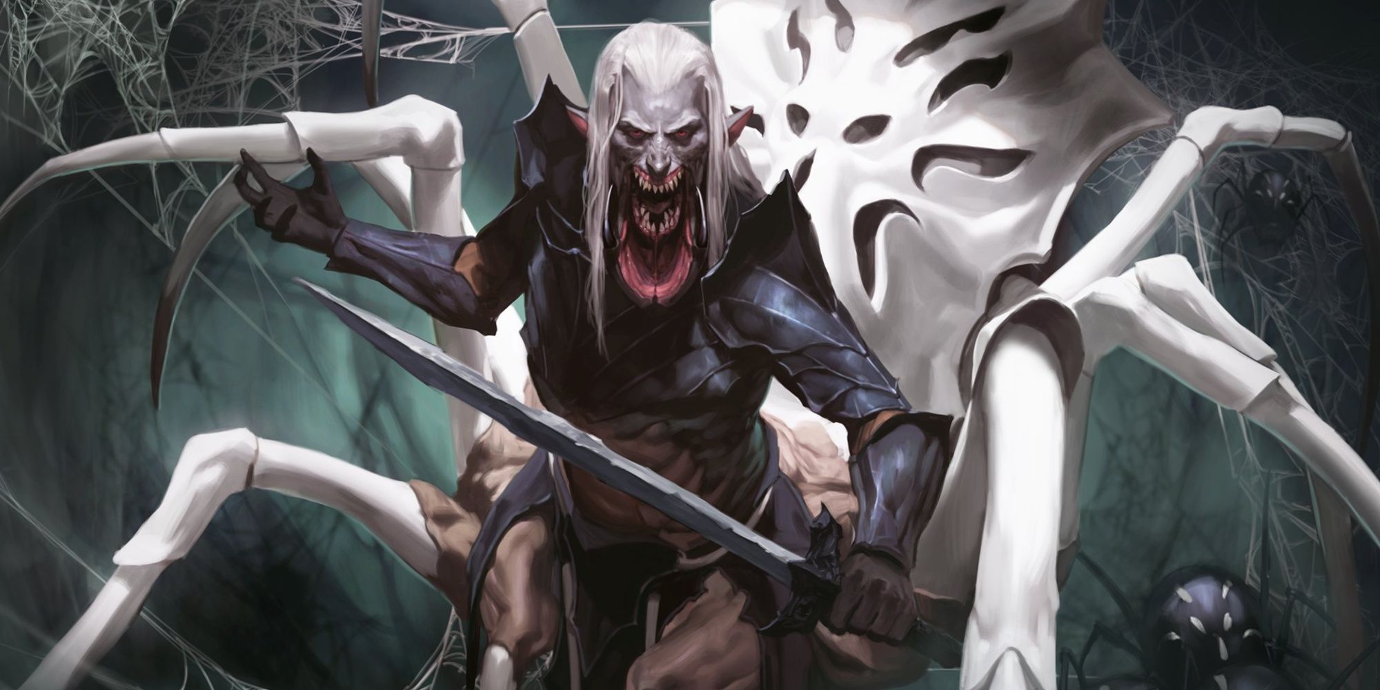 Drider by Jodie Muir  A drider holding a sword while looking menacing with a white spider body
