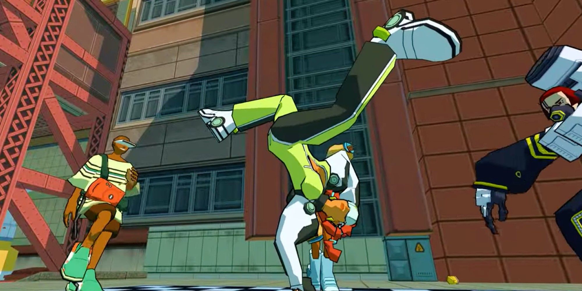 Eclipse doing an upside down pose in Bomb Rush Cyberfunk.