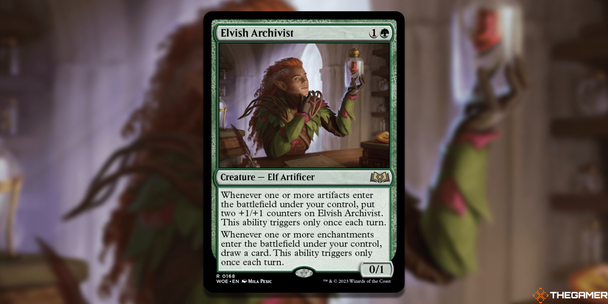 Image of the Elvish Archivist card in Magic: The Gathering, with art by Mila Pesic