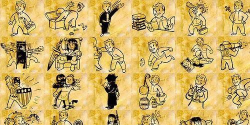 Various Fallout Perks on a yellow background