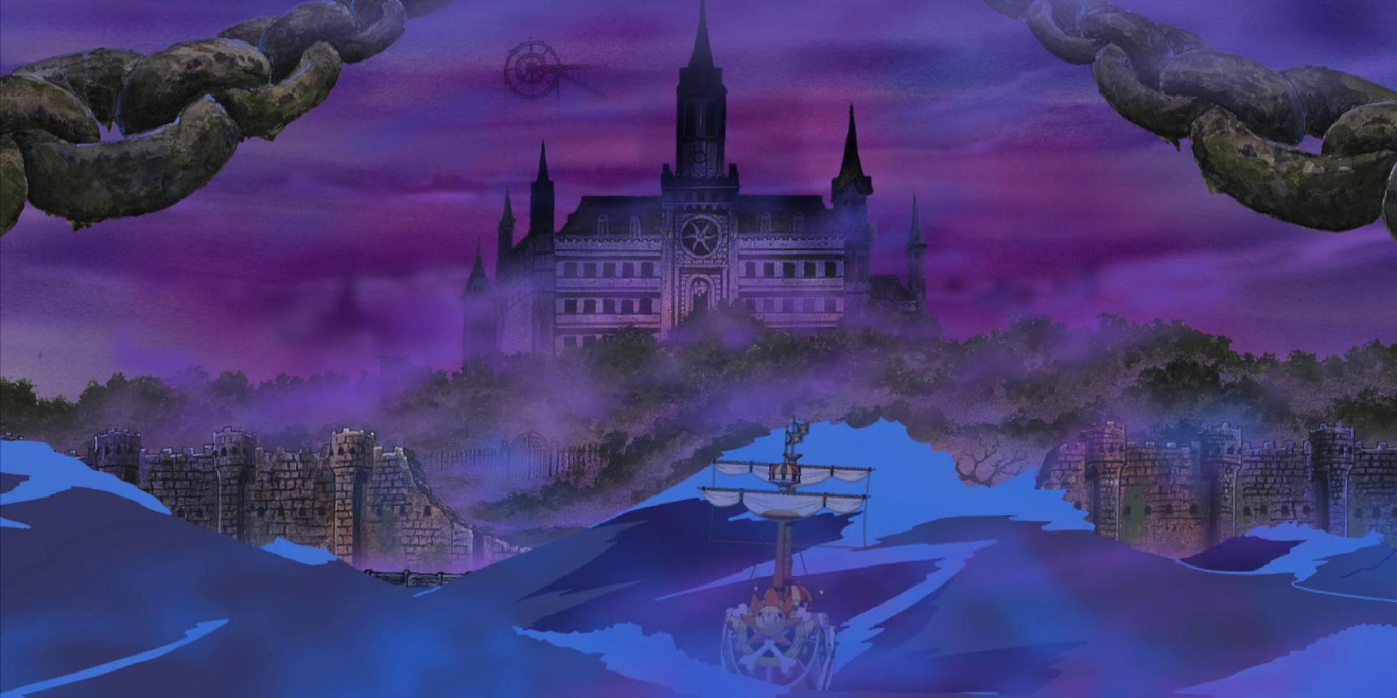 Thriller Bark in One Piece covered in dark clouds.