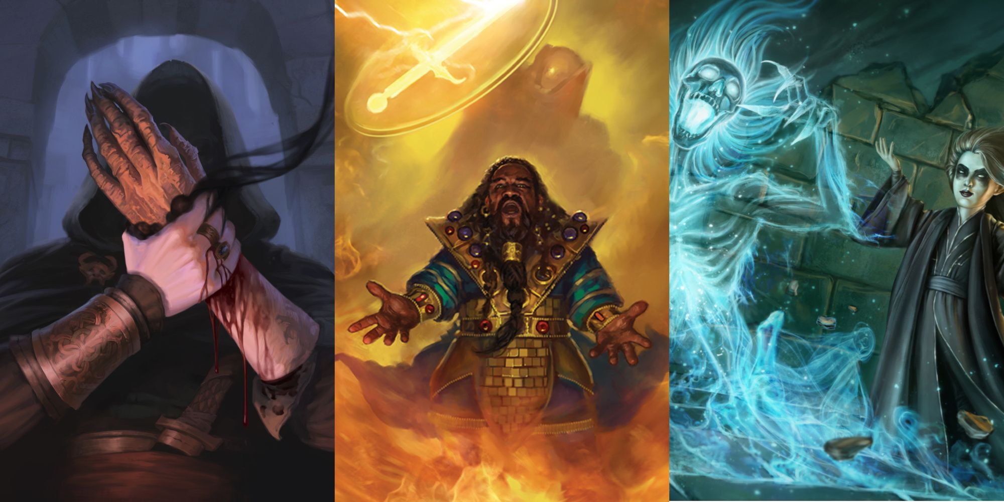 featured image how to run gods, featuring hand of vecna by Irina Nordsol, Guardian of Faith by Matt Stawicki, and Summon Undead by Dallas Williams