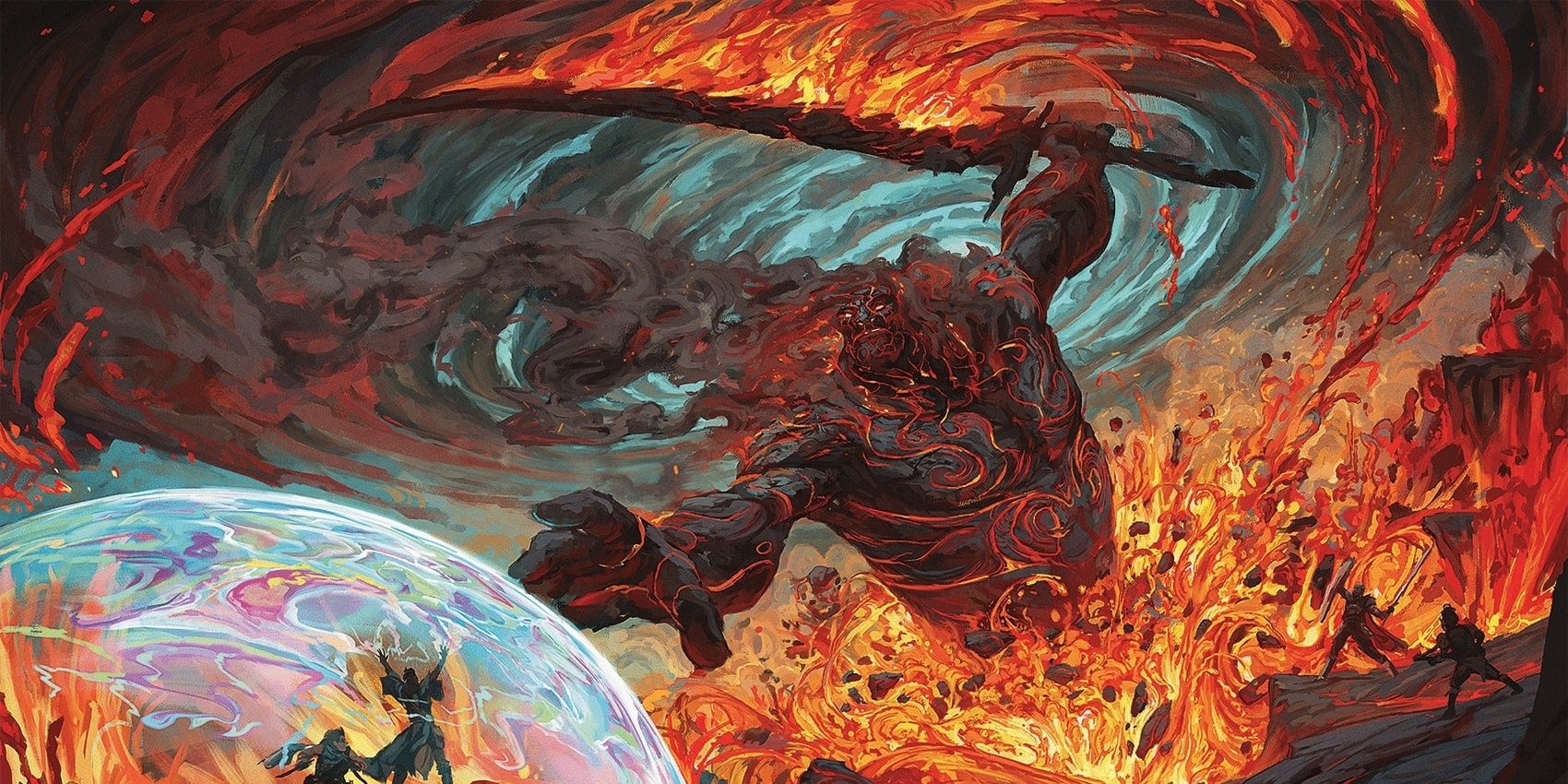 fire giant with blazing greatsword hurls lava amidst ash at adventurers