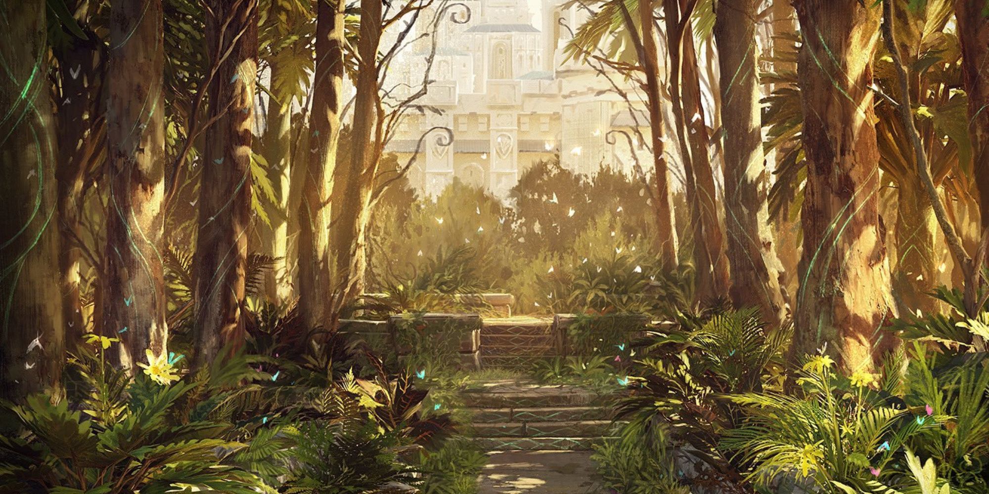 Forest by Julian Kok Joon Wen bright forest with fairies and lights floating around leading up to a white building