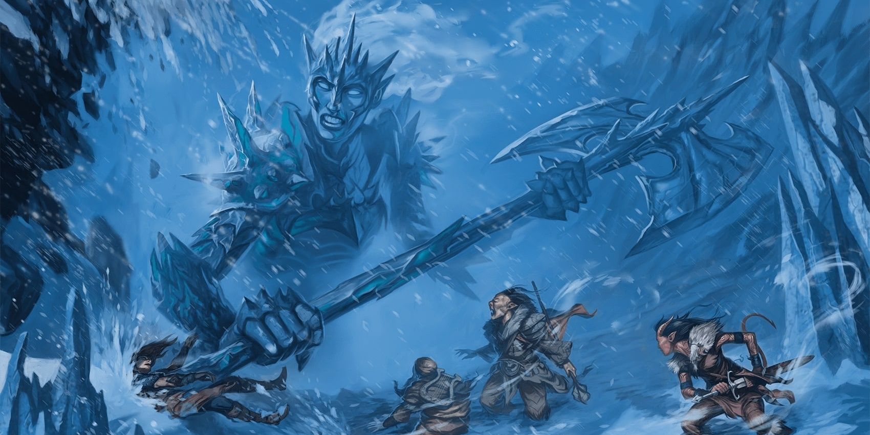 frost giant with battleaxe attacks barbarians amid snow