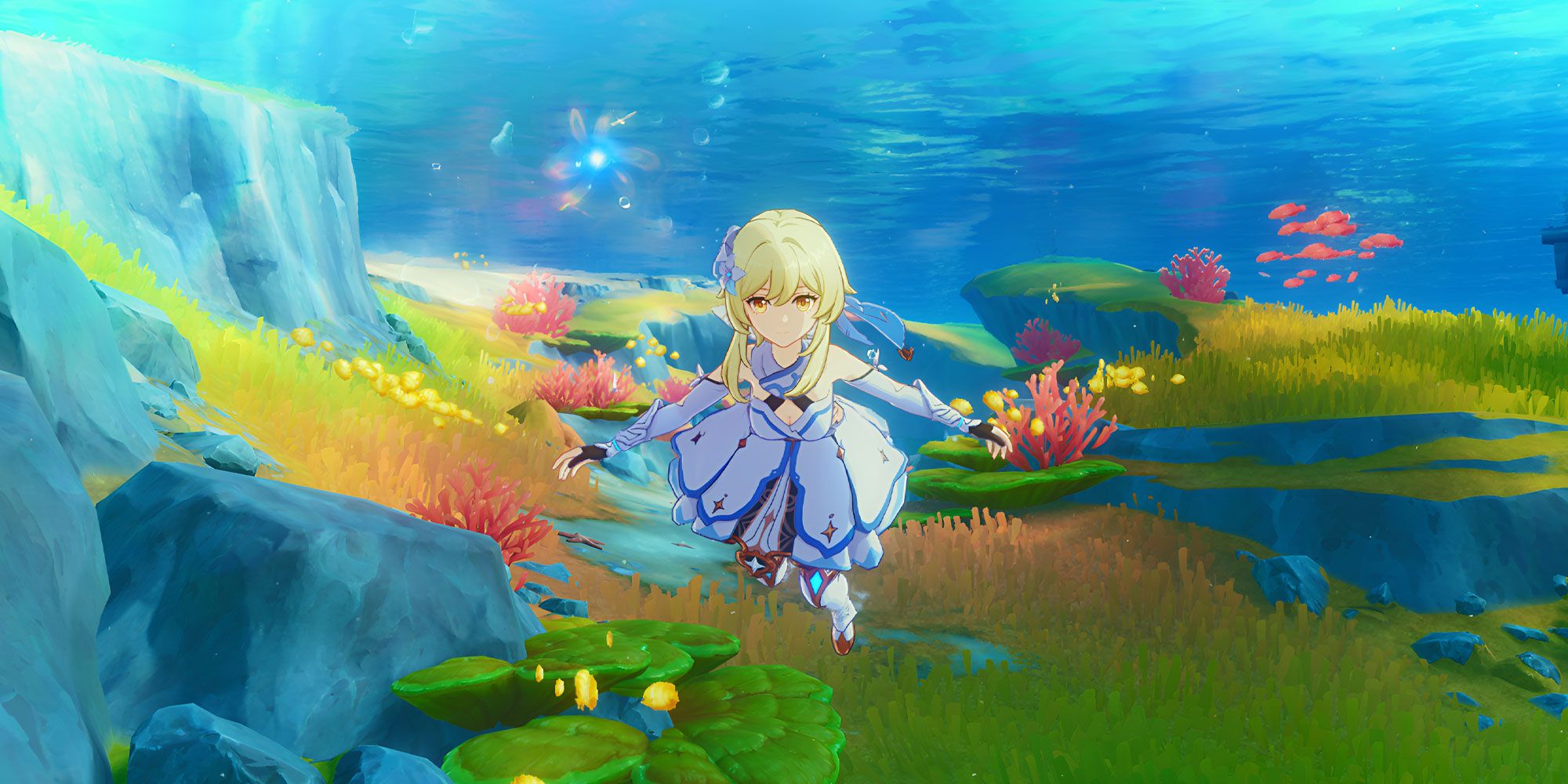 Genshin-Impact's-Lumine-aka-female-traveler-underwater-in-Fontaine