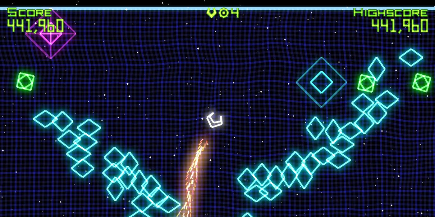 A ship shooting enemies in Geometry Wars Retro Evolved.