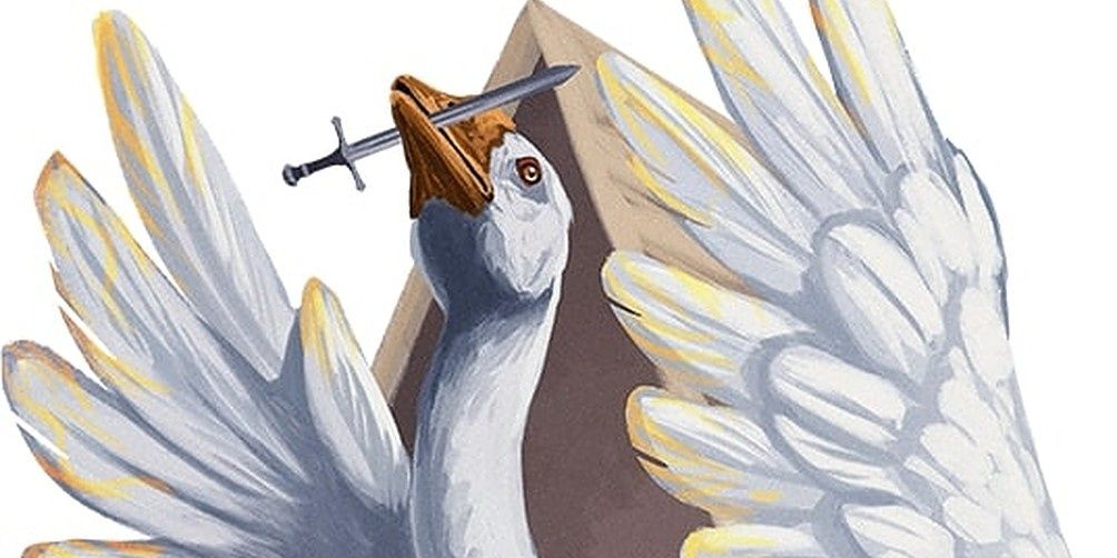 giant goose with sword in mouth and wings flared