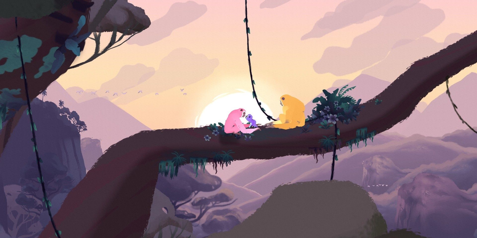 The opening scene of Gibbon: Beyond The Trees with two adult gibbon, a pink and yellow one, interacting with a baby purple gibbon while sitting on a tree branch.