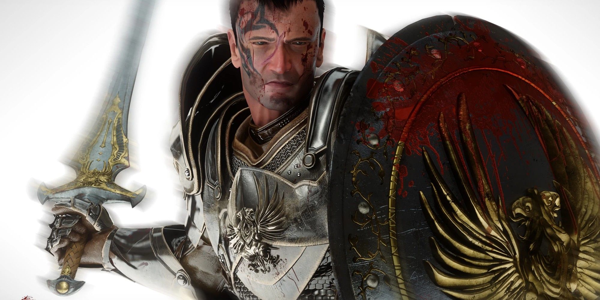 A CG model of a Grey Warden with sword and shield in hand.
