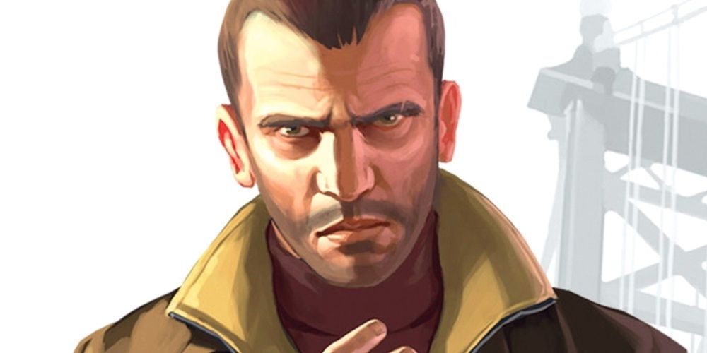 GTA 4 a close up of Niko Bellic looking at the camera 