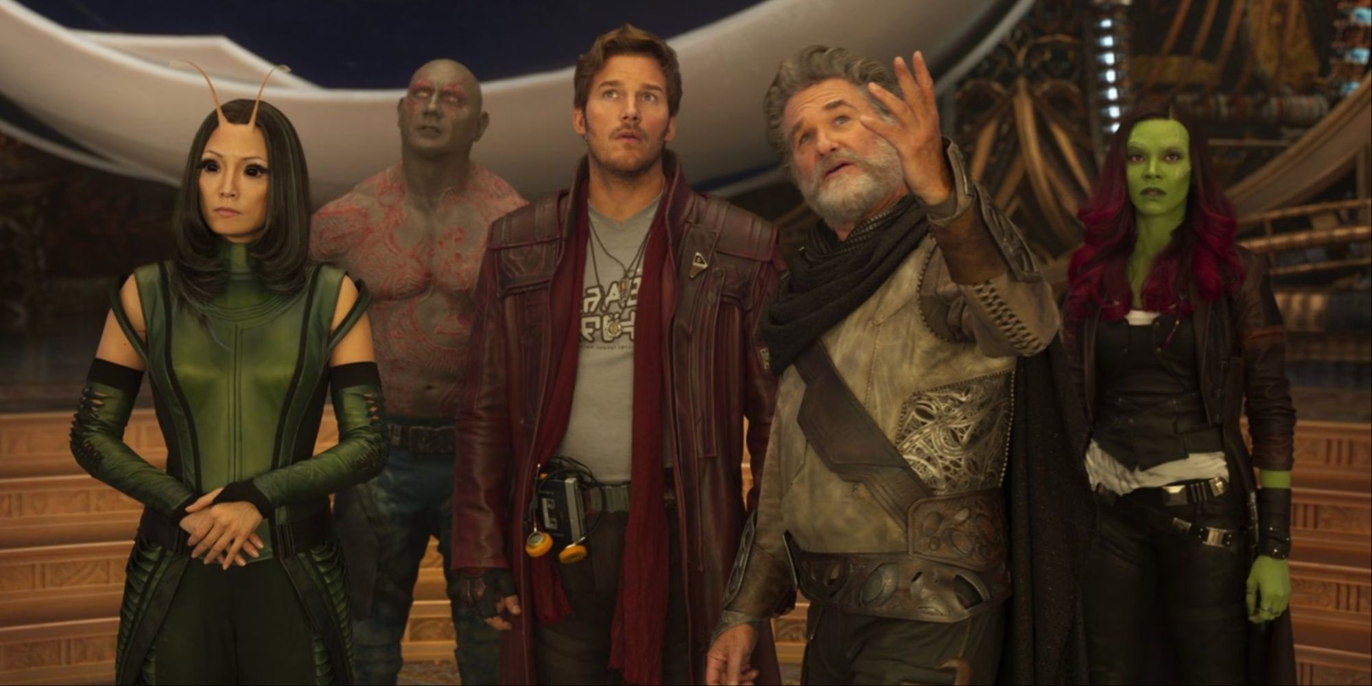 Mantis (Pom Klementieff), Drax (Dave Bautista), Star-Lord (Chris Pratt), Ego (Kurt Russell), and Gamora (Zoë Saldaña), in Guardians of the Galaxy Vol. 2