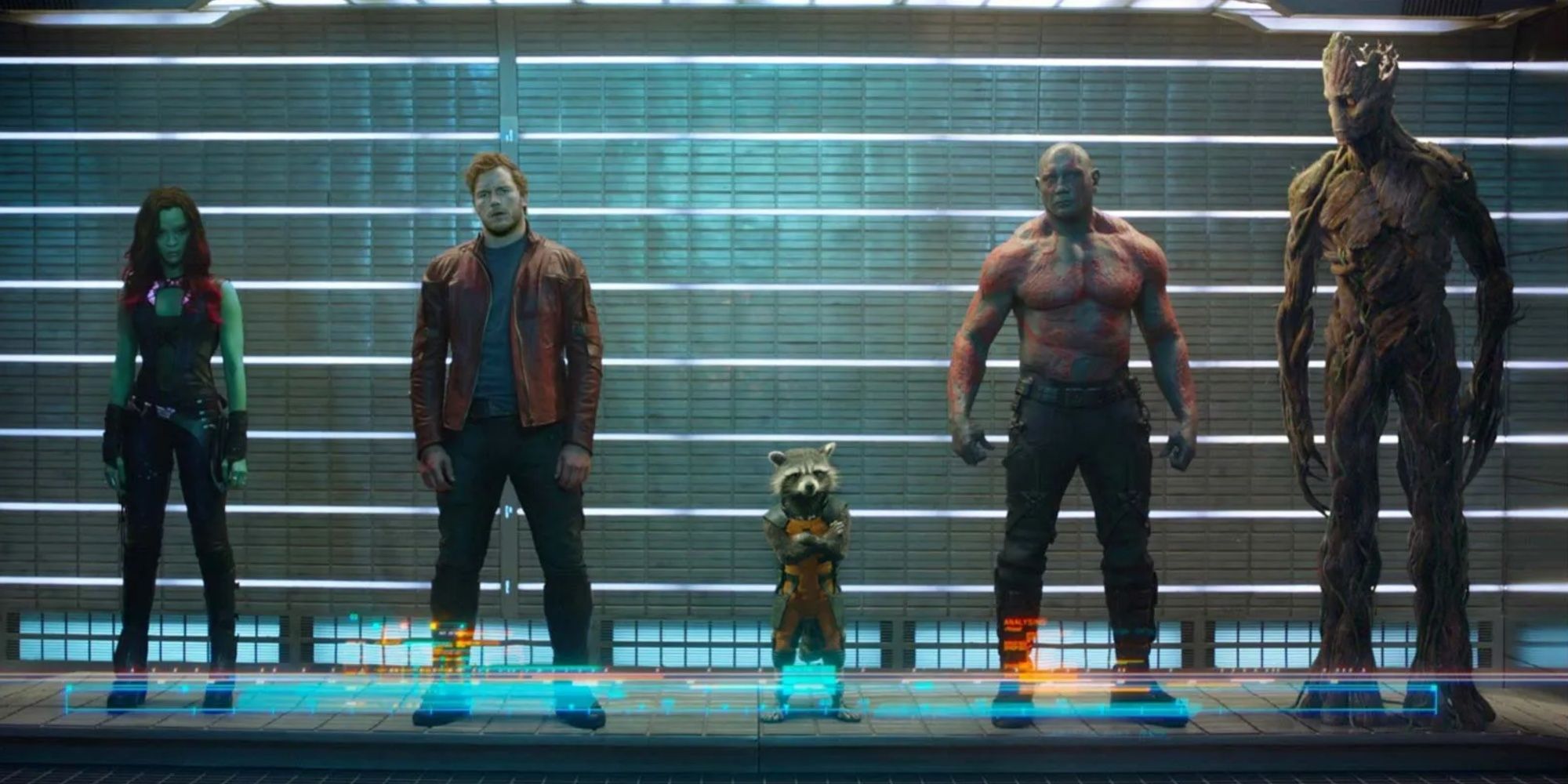 Gamora (Zoë Saldaña), Peter Quill/Star-Lord(Chris Pratt), Rocket (Bradley Cooper), Drax (Dave Bautista), and Groot (Vin Diesel), in Guardians of the Galaxy