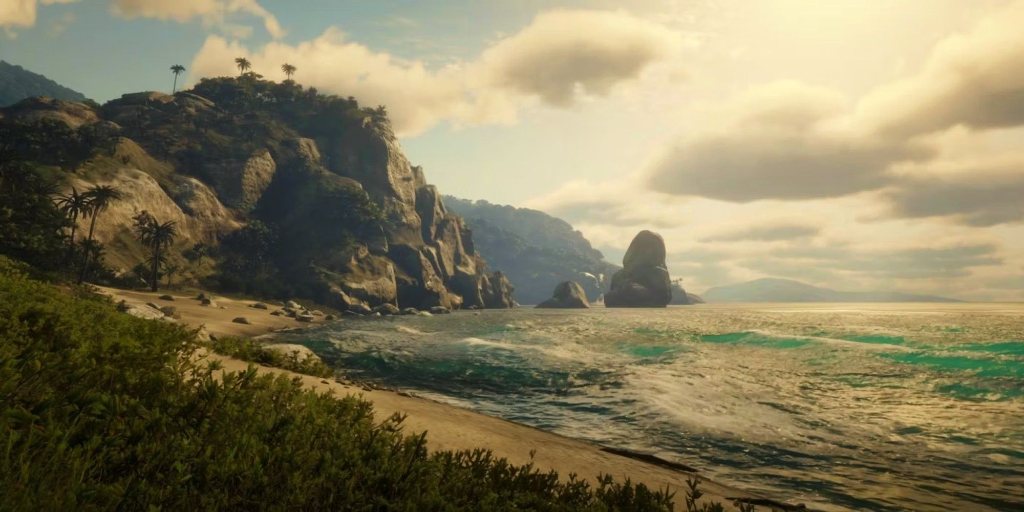 The coast of Guarma has a mountain next to the beach. The sky has a sunset glow with clouds
