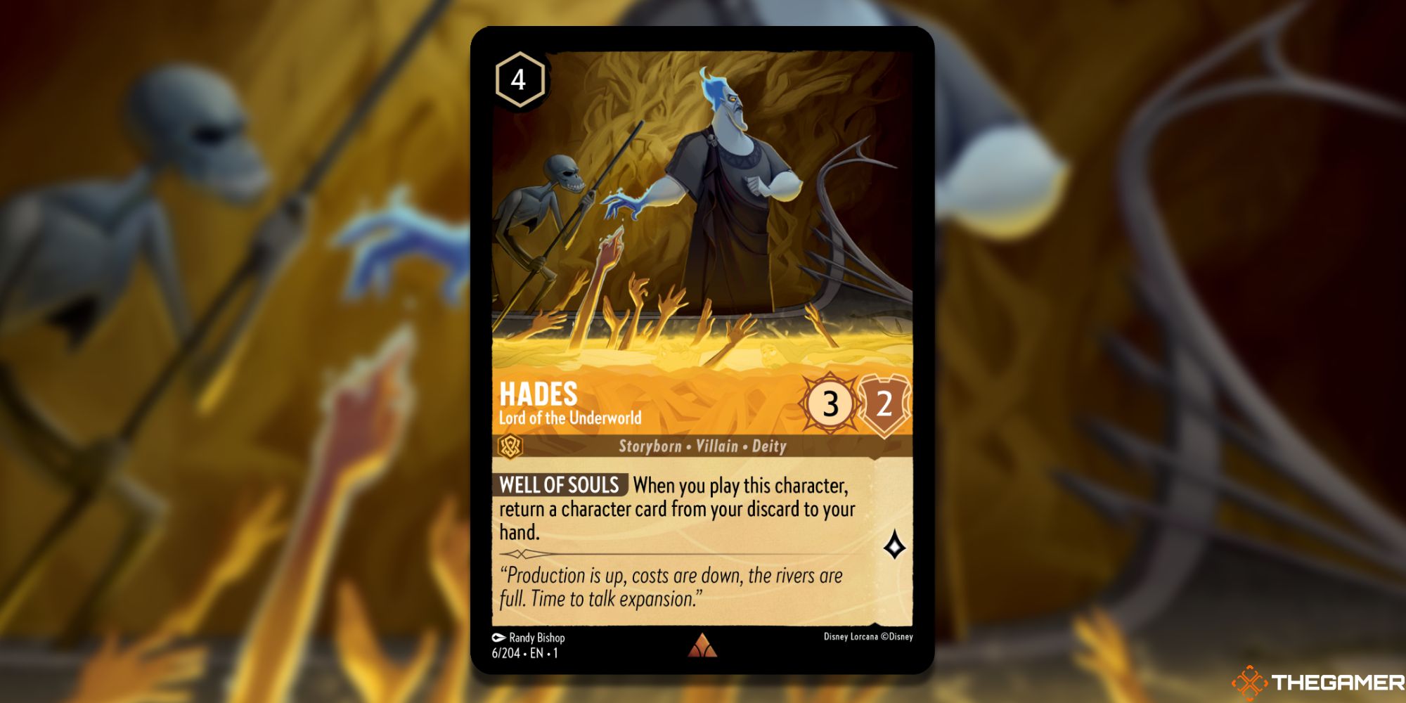 Image of the Hades Lord of the Underworld card in Lorcana, with art by Randy Bishop