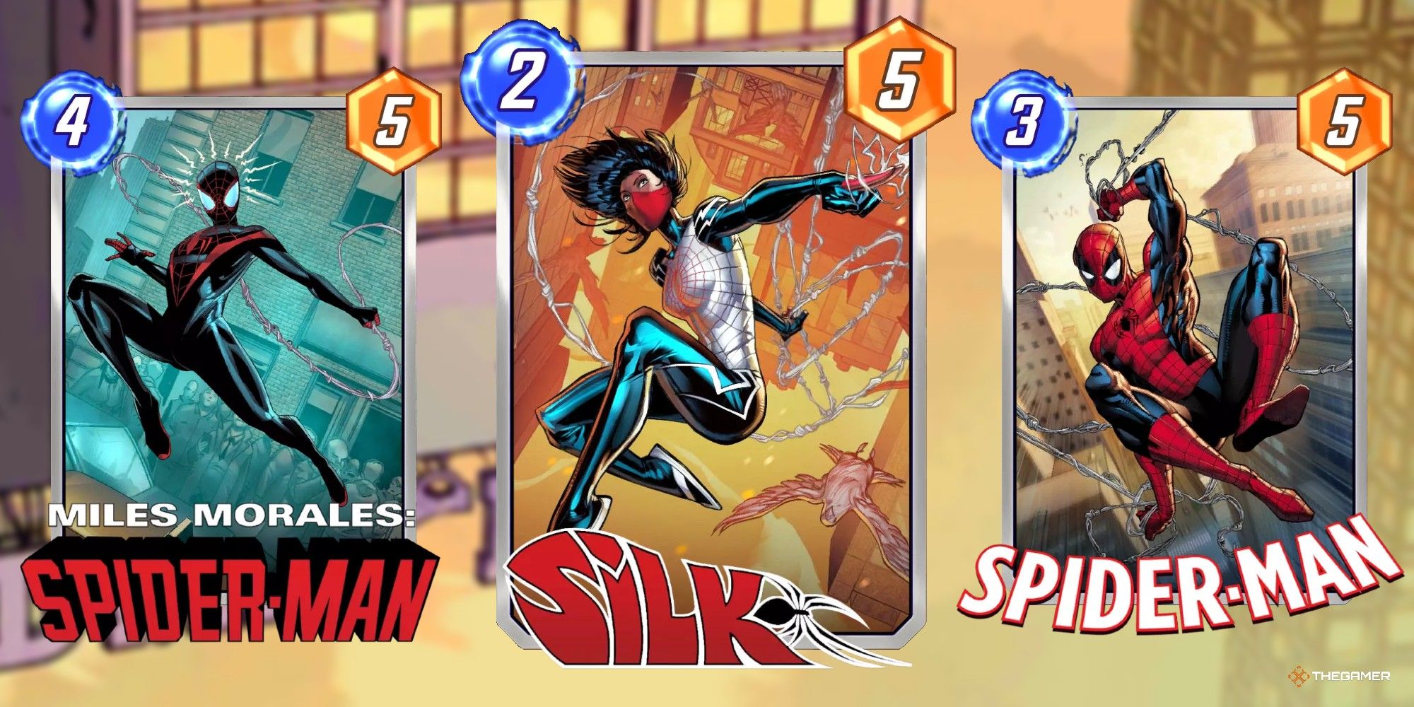 Image showing the Miles Morales, Silk, and Spider-Man cards in Marvel Snap