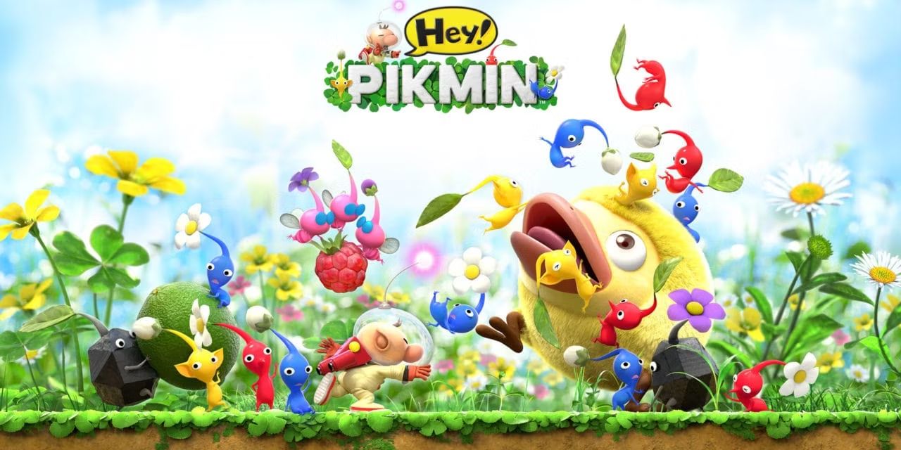 Hey Pikmin promo art, with Olimar throwing several pikmin