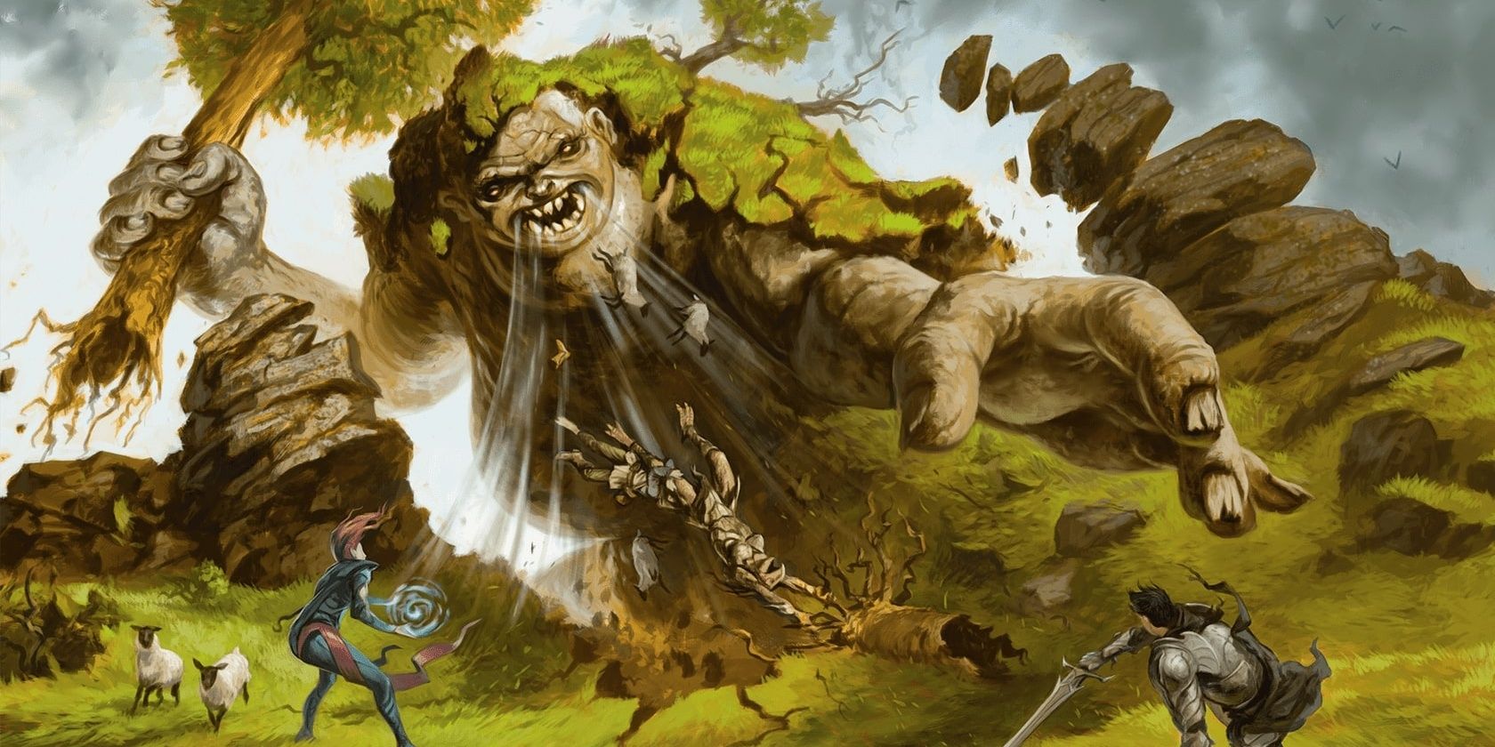 a hill giant swings a tree and inhales sheep and adventurers