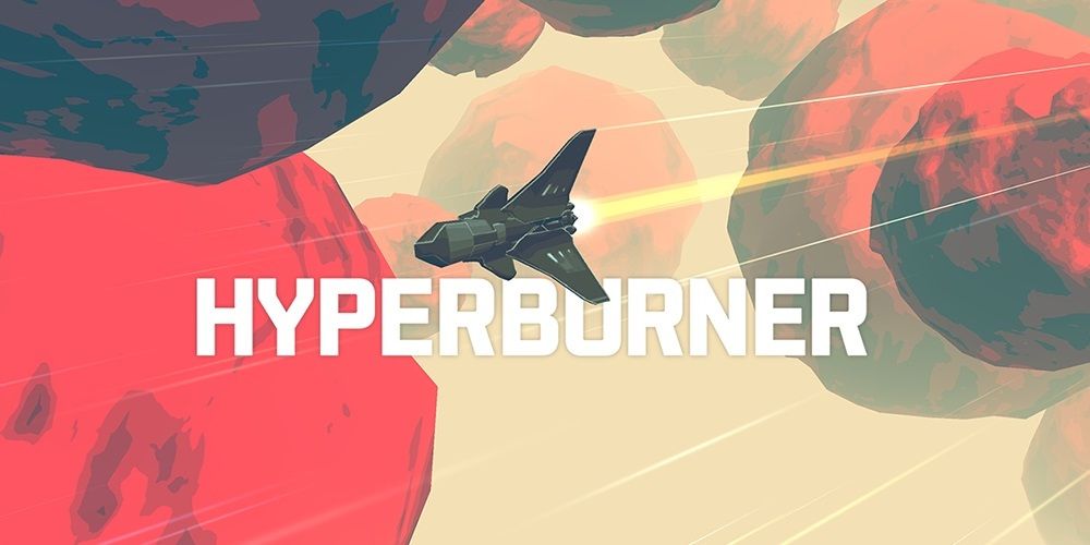 Art from Hyperburner showing a rocketship at hyperspeed race past asteroids. 
