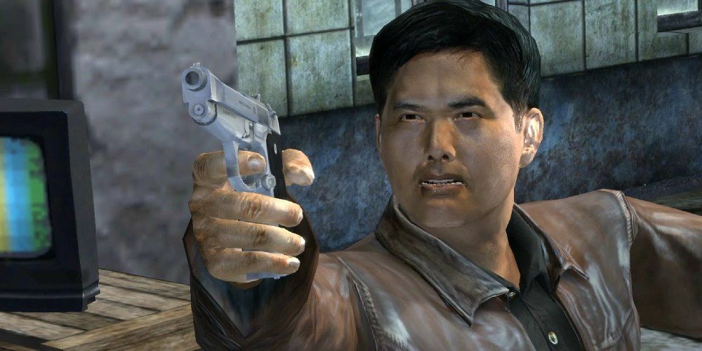 Detective Tequila aiming a pistol at someone off camera