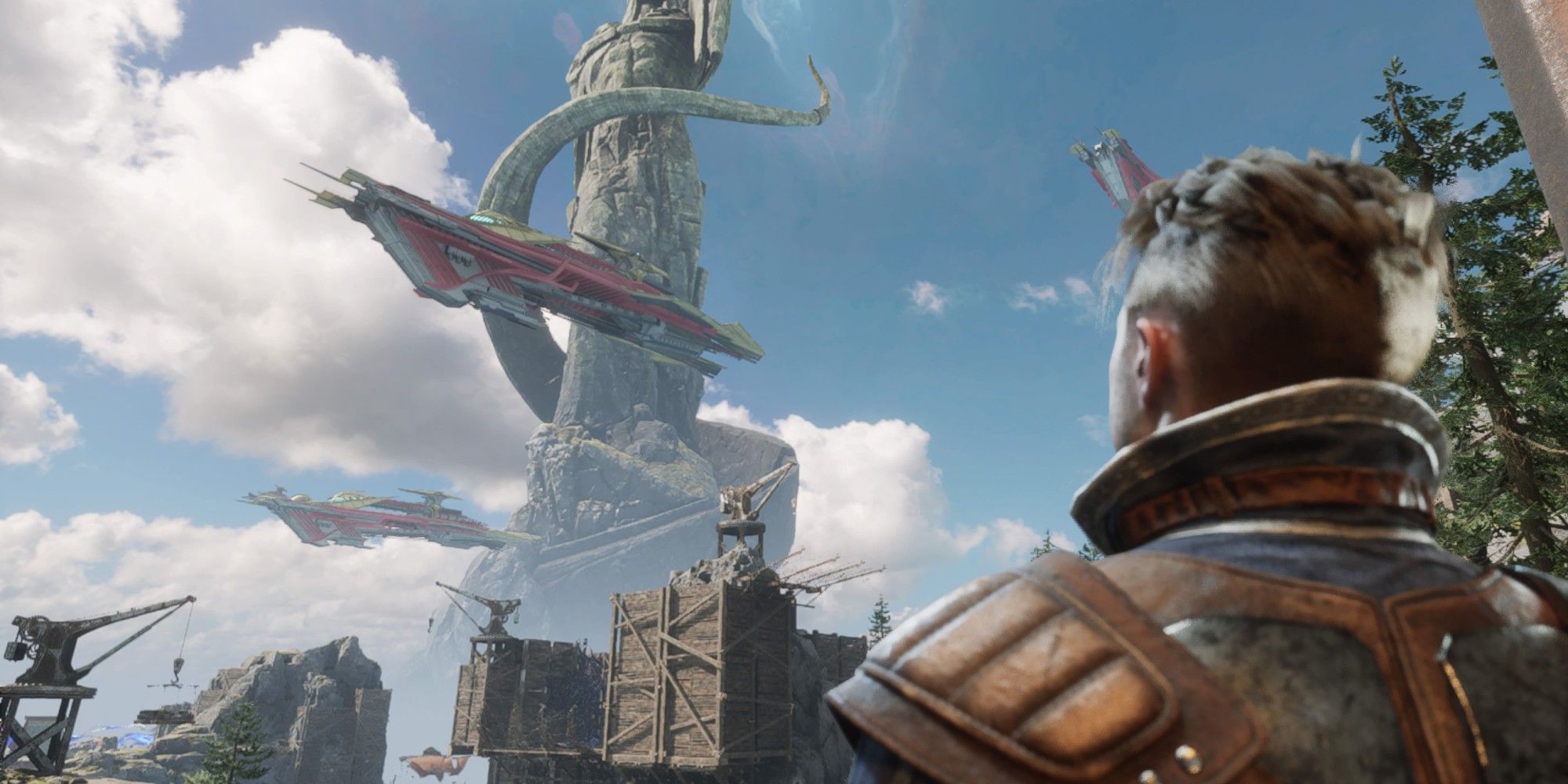 Jak in Immortals of Aveum looking up at a ship flying over a tall looming tower.
