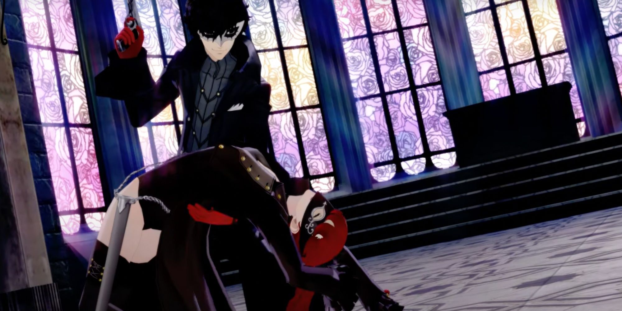 Joker and Violet Posing Against a Cathedral Backdrop