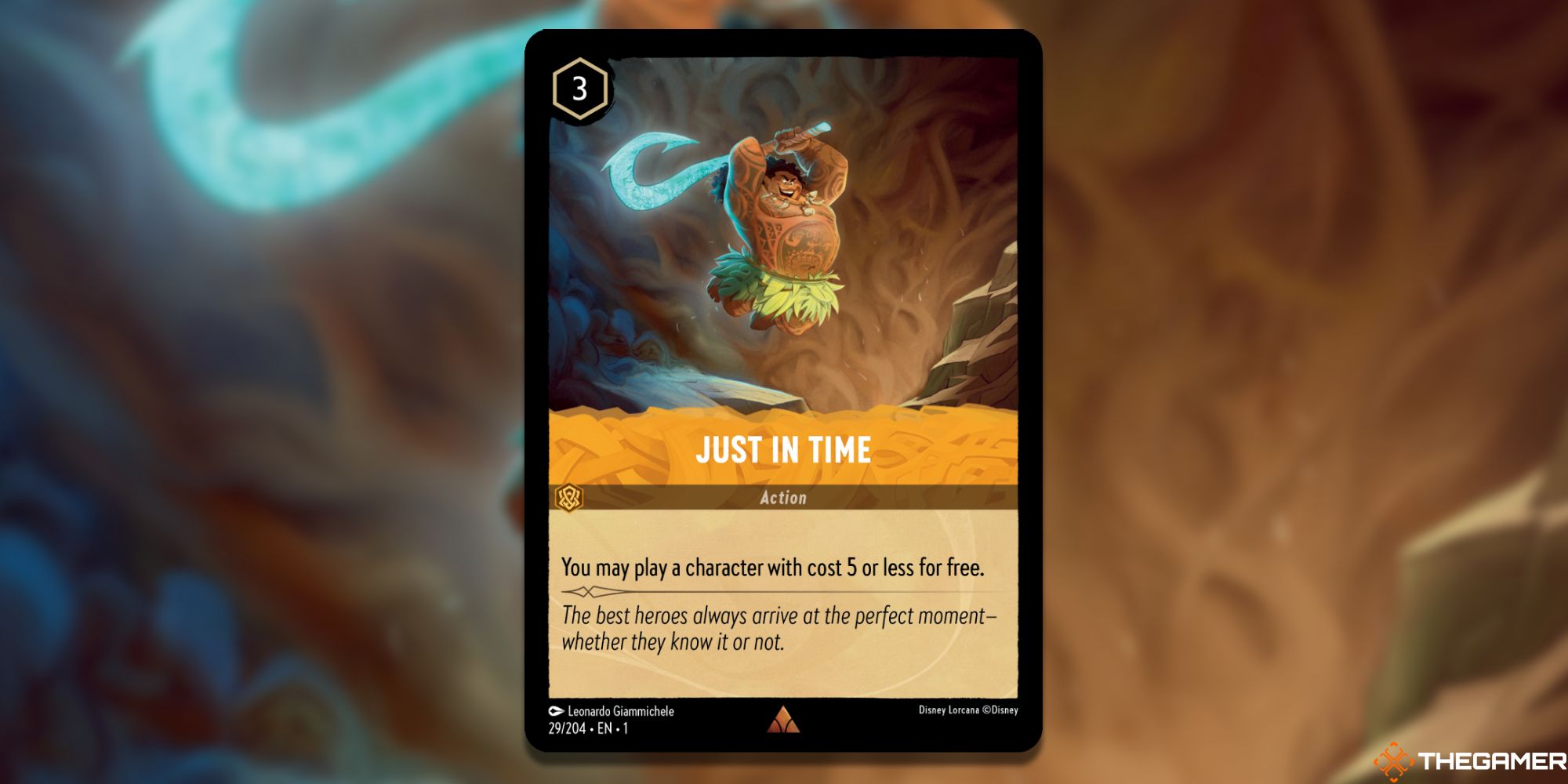 Image of the Just in Time card in Lorcana, with art by Leonardo Giammichele