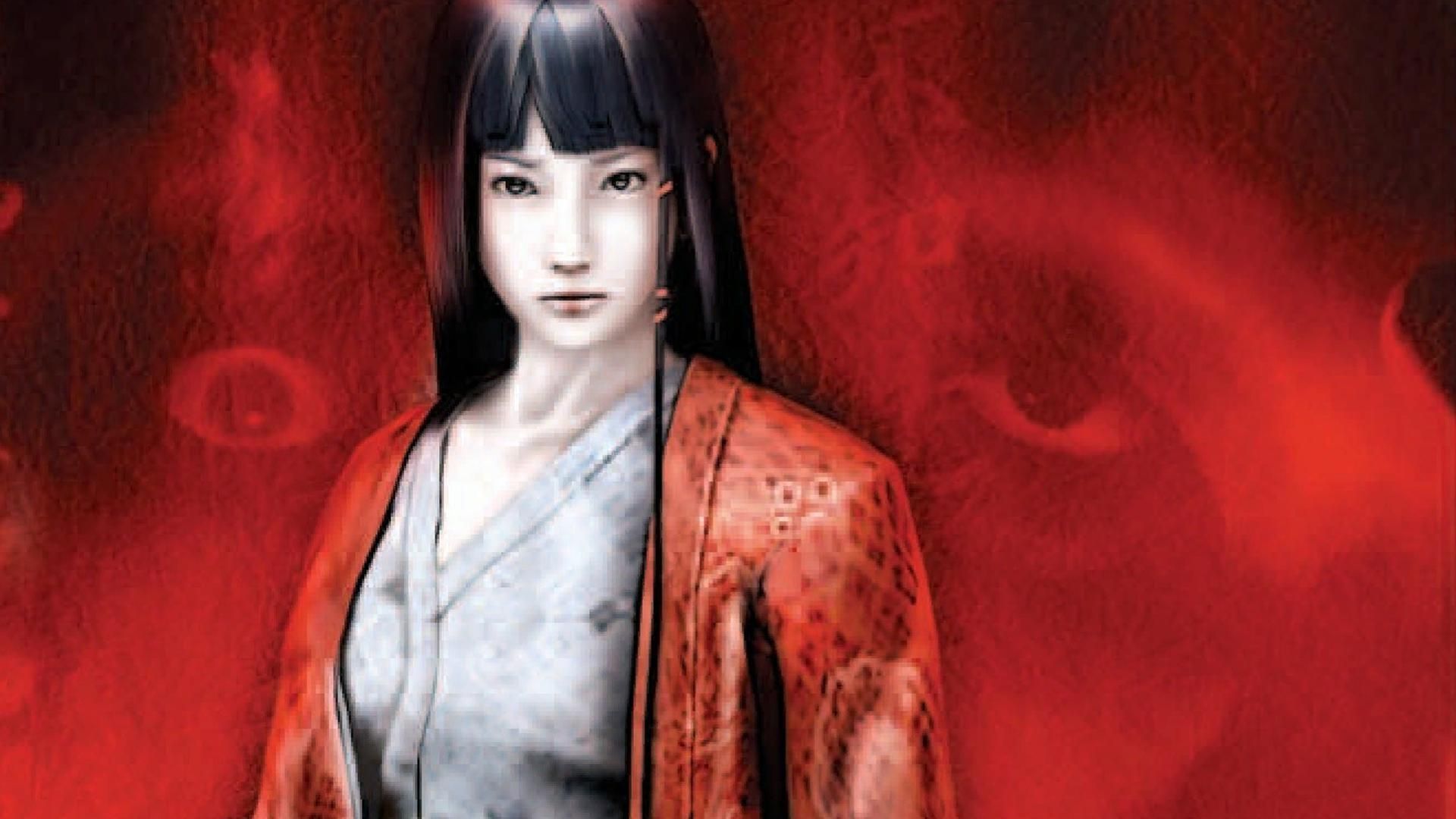 Kuon PS2 key art showing a girl over a red background with eyes faded into it