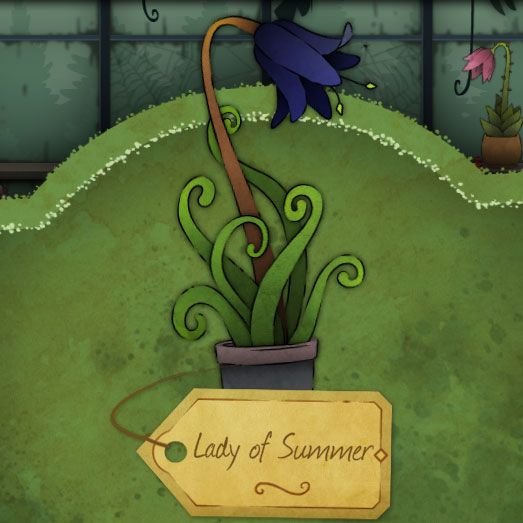 A a droopy, dark blue flower with protruding bright green pistils and leaves that resemble tentacles that curl upward called Lady of Summer in Strange Horticulture