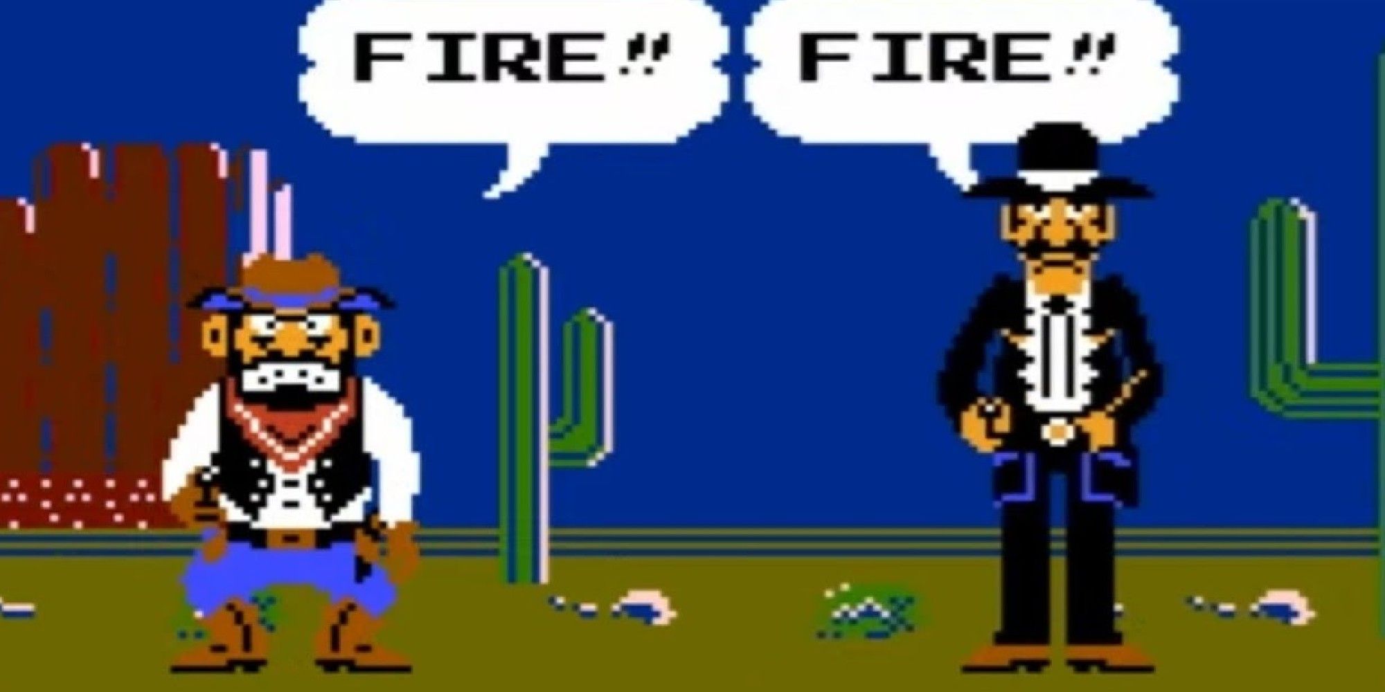 Two cowboys in the desert, each with a speech bubble saying "Fire!!" from Wild Gunman