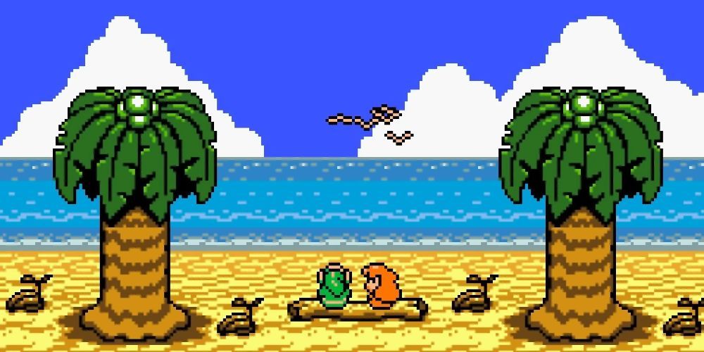 Links Awakening Link and Marin talking on the beach