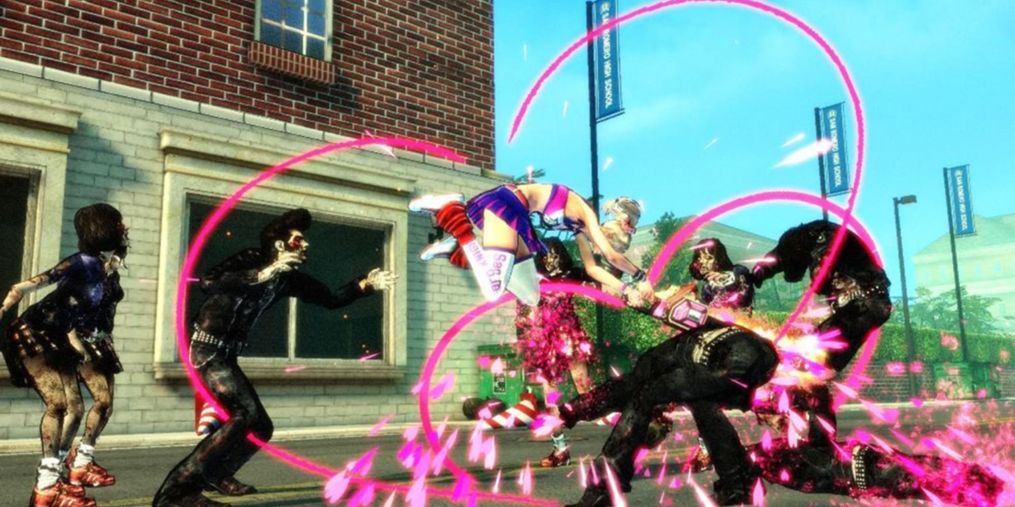 Lollipop Chainsaw's Juliet slashing though zombies