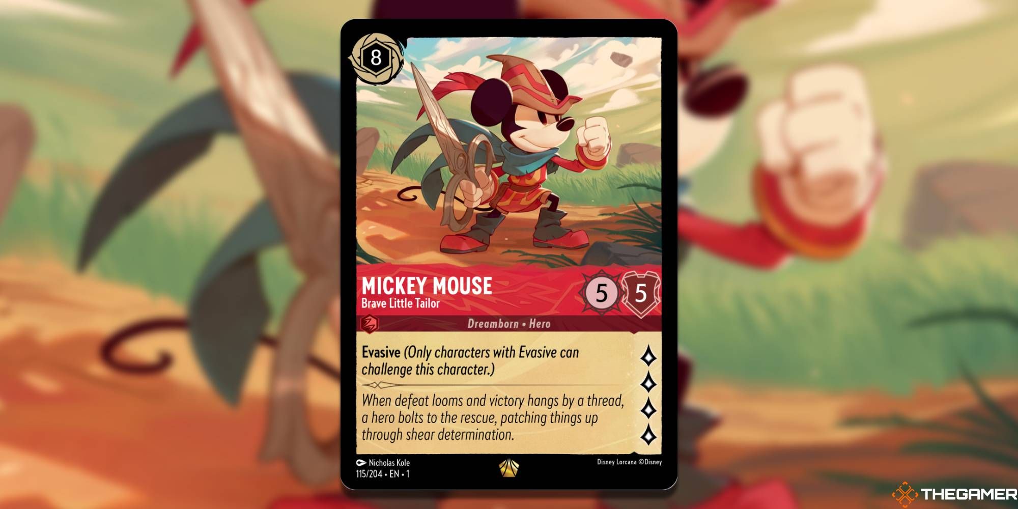 Mickey Mouse carrying giant scissors in a field from Disney's Lorcana