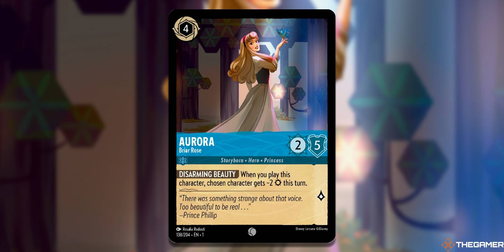 Aurora standing in the forest with a blue bird on her finger from Disney's Lorcana