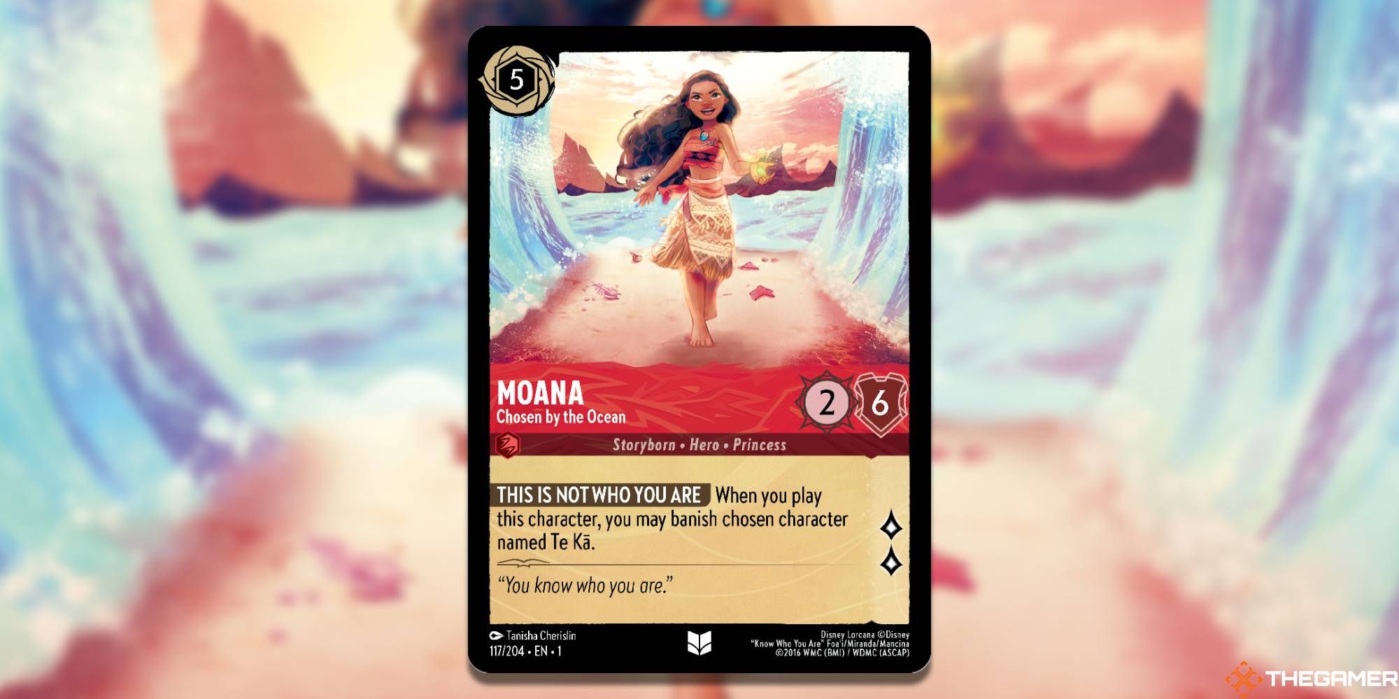 Moana walking on sand between two dividing waves from Disney's Lorcana